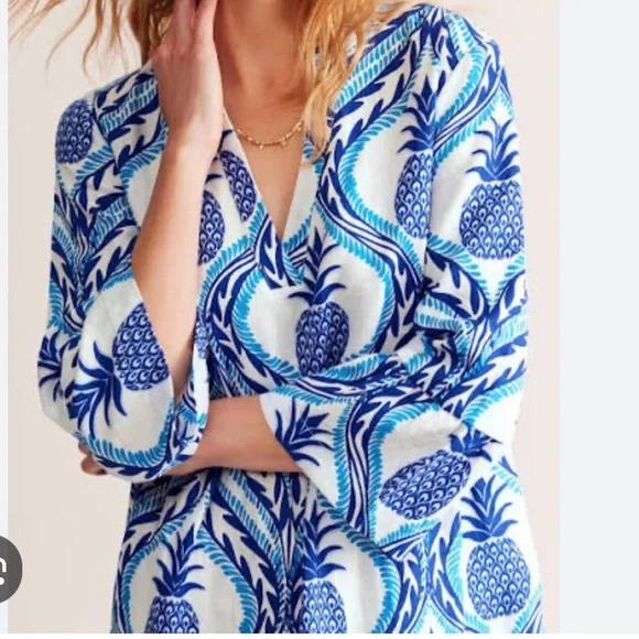 Boden dress NWT 4 Sophia Linen Short Dress Blue Pineapple Print online $235 - Picture 9 of 10